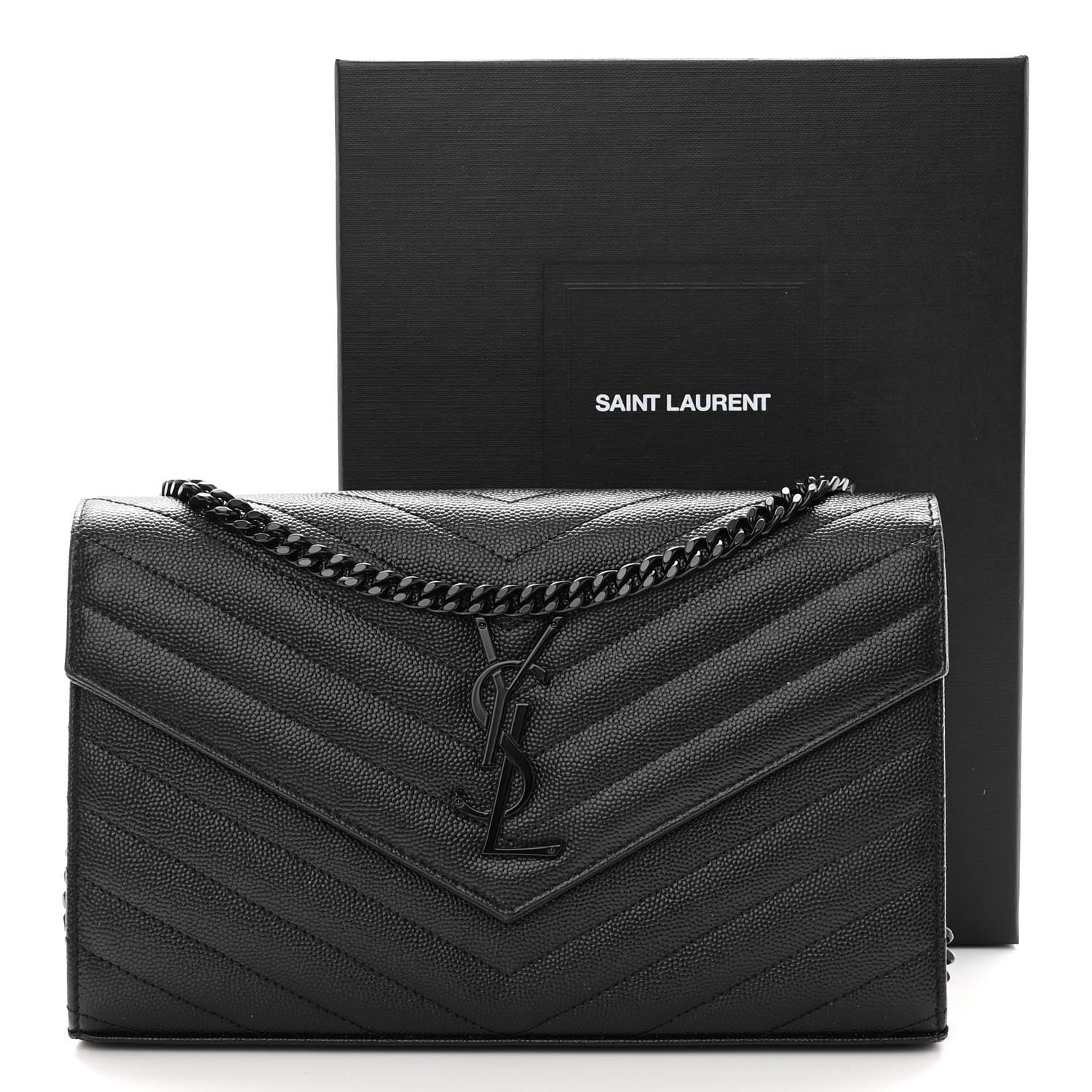 Saint Laurent Grain De Poudre Matelasse Chevron Monogram Monochrome Envelope Chain Wallet Black 11 of 11