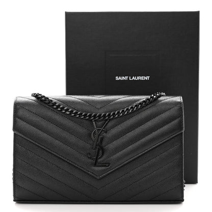 Saint Laurent Grain De Poudre Matelasse Chevron Monogram Monochrome Envelope Chain Wallet Black 11 of 11