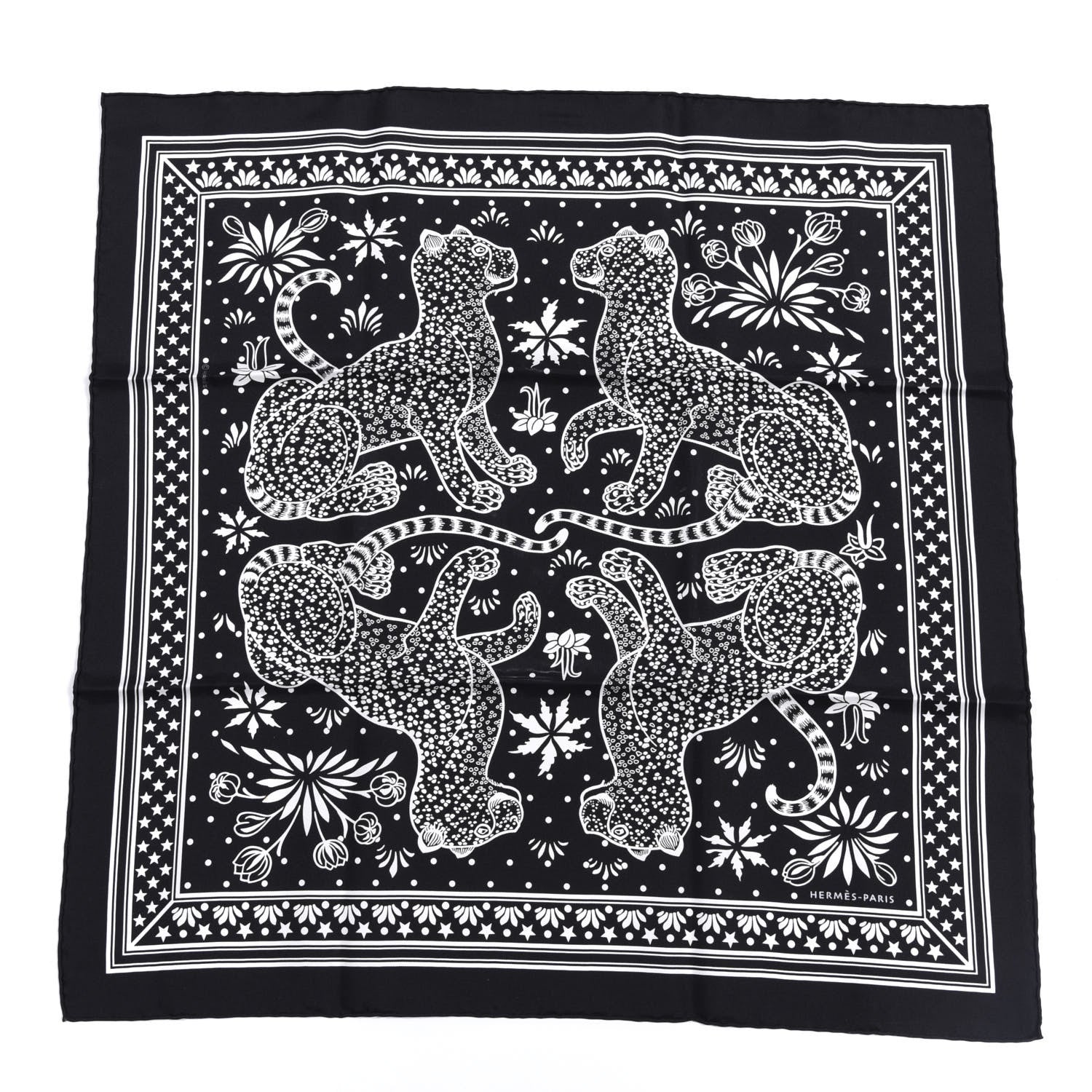 Hermes Silk Les Leopards Bandana Scarf 55 Black White 1 of 4