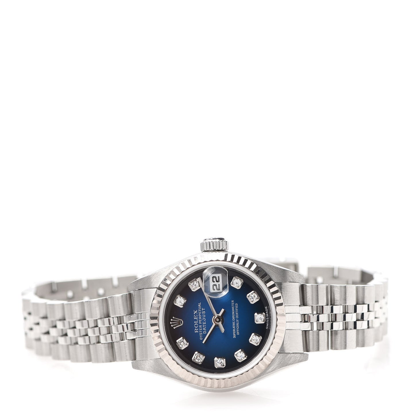 Stainless Steel 18K White Gold Diamond 26mm Oyster Perpetual Datejust Watch Blue Gradient 79174