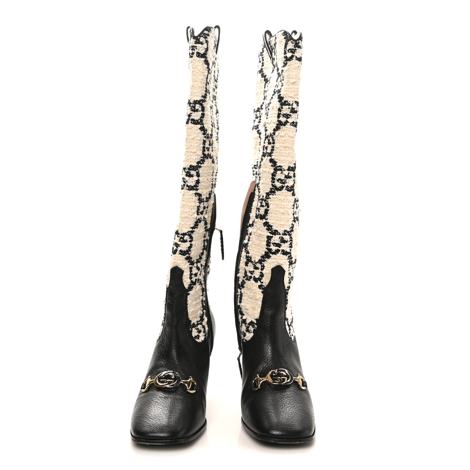 Gucci Tweed GG Monogram Wrinkled Kid Zumi Knee Boots 39.5 Natural