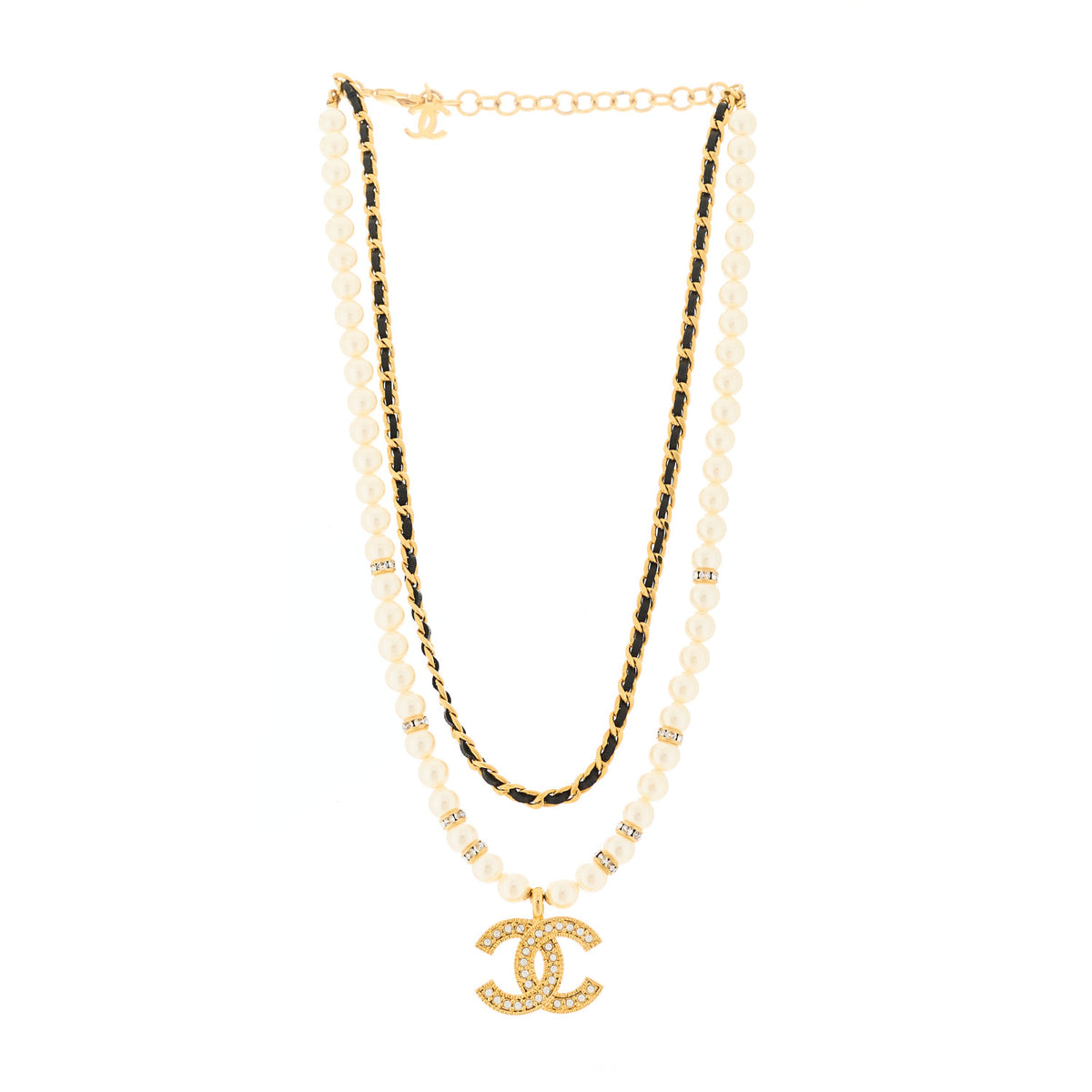 Lambskin Pearl Crystal CC Short Necklace Gold