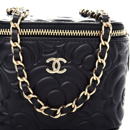 Chanel Lambskin Camellia Embossed Mini Vanity Case With Chain Black 11 of 12