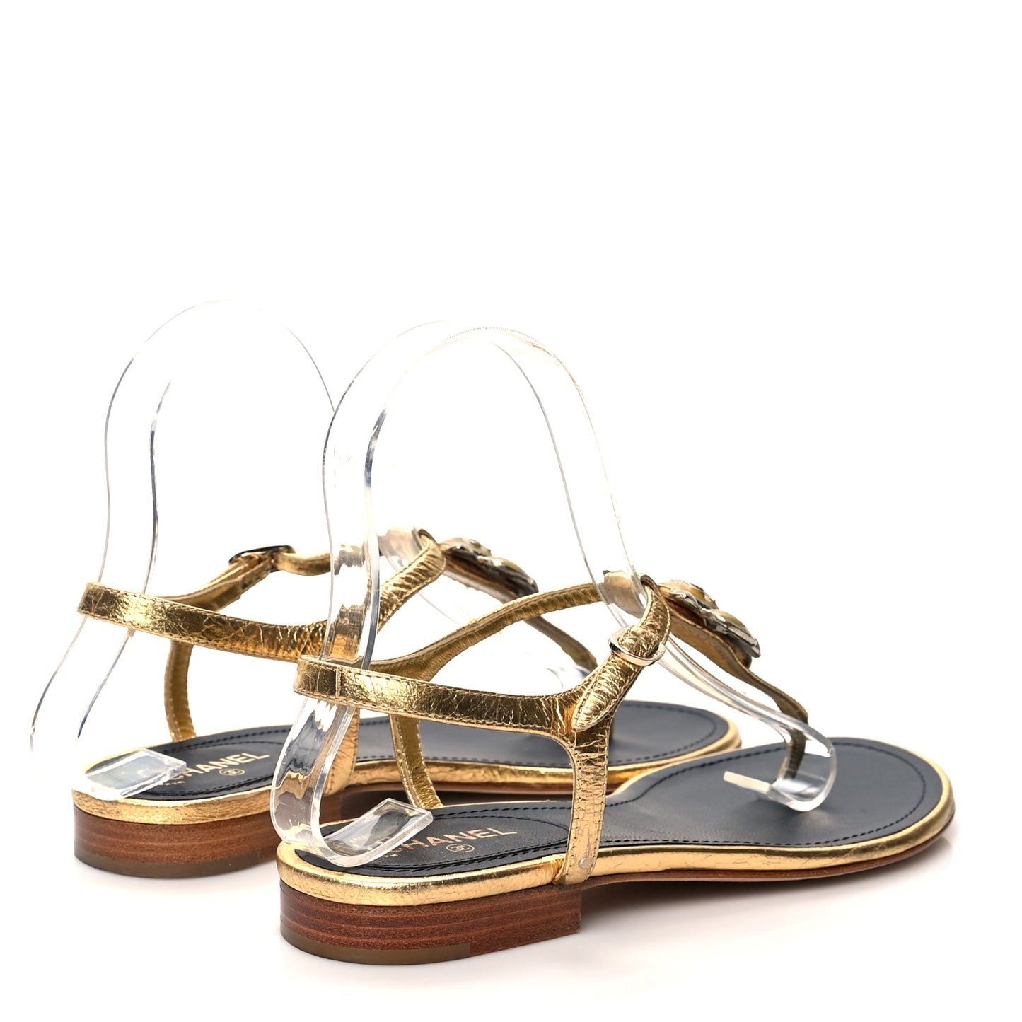 Metallic Calfskin Enamel Camellia Thong Sandals 36.5 Gold