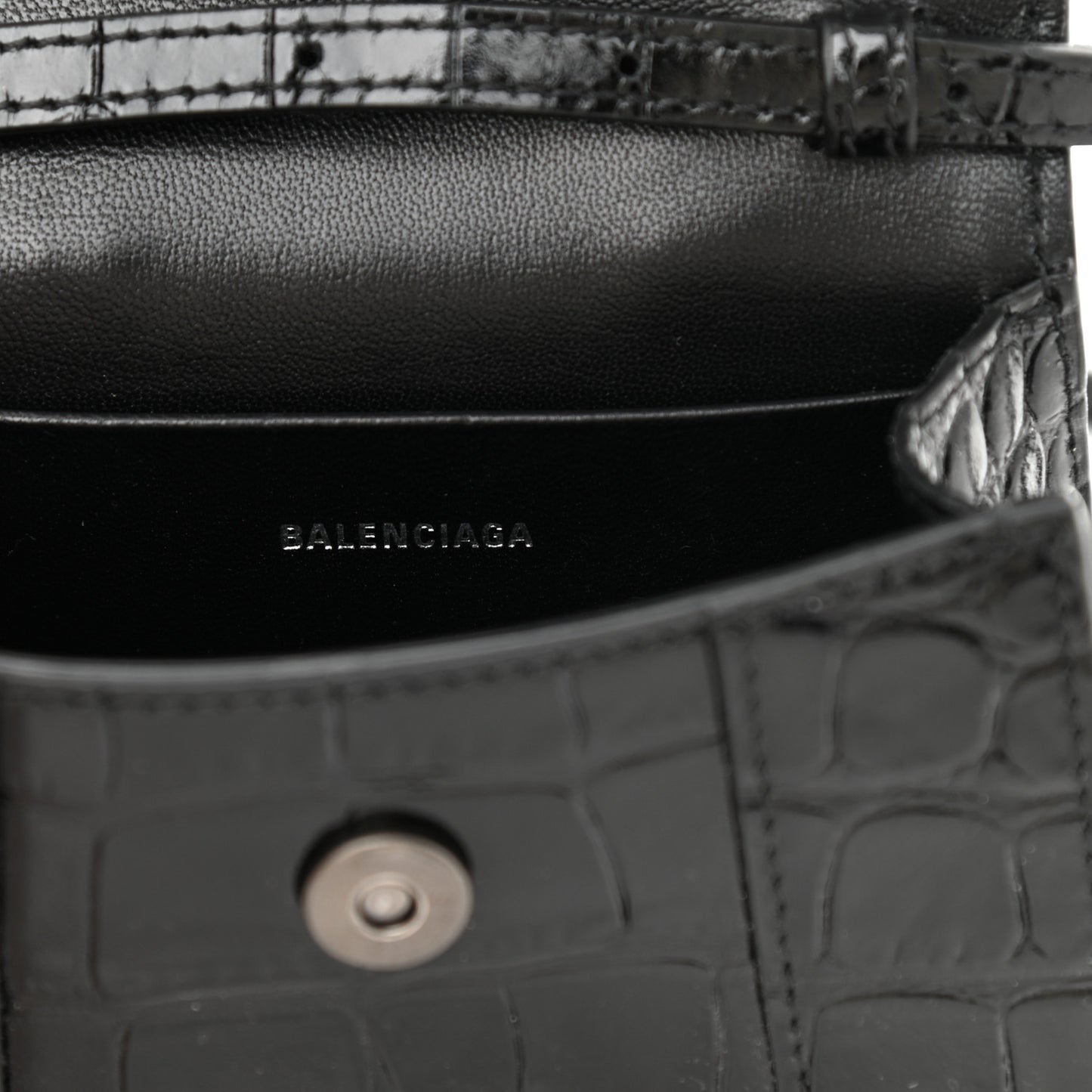 Shiny Calfskin Monochrome Crocodile Embossed Hourglass Top Handle Bag Mini Black