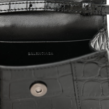Balenciaga Shiny Calfskin Monochrome Crocodile Embossed Hourglass Top Handle Bag Mini Black 5 of 9