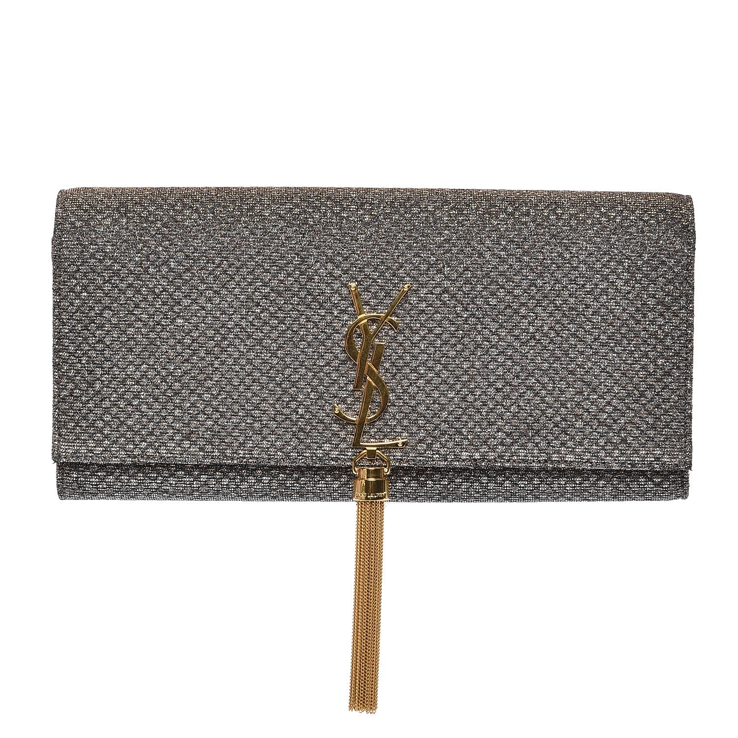 Saint Laurent Metallic Canvas Woven Classic Monogram Kate Tassel Clutch Silver Gold 1 of 7