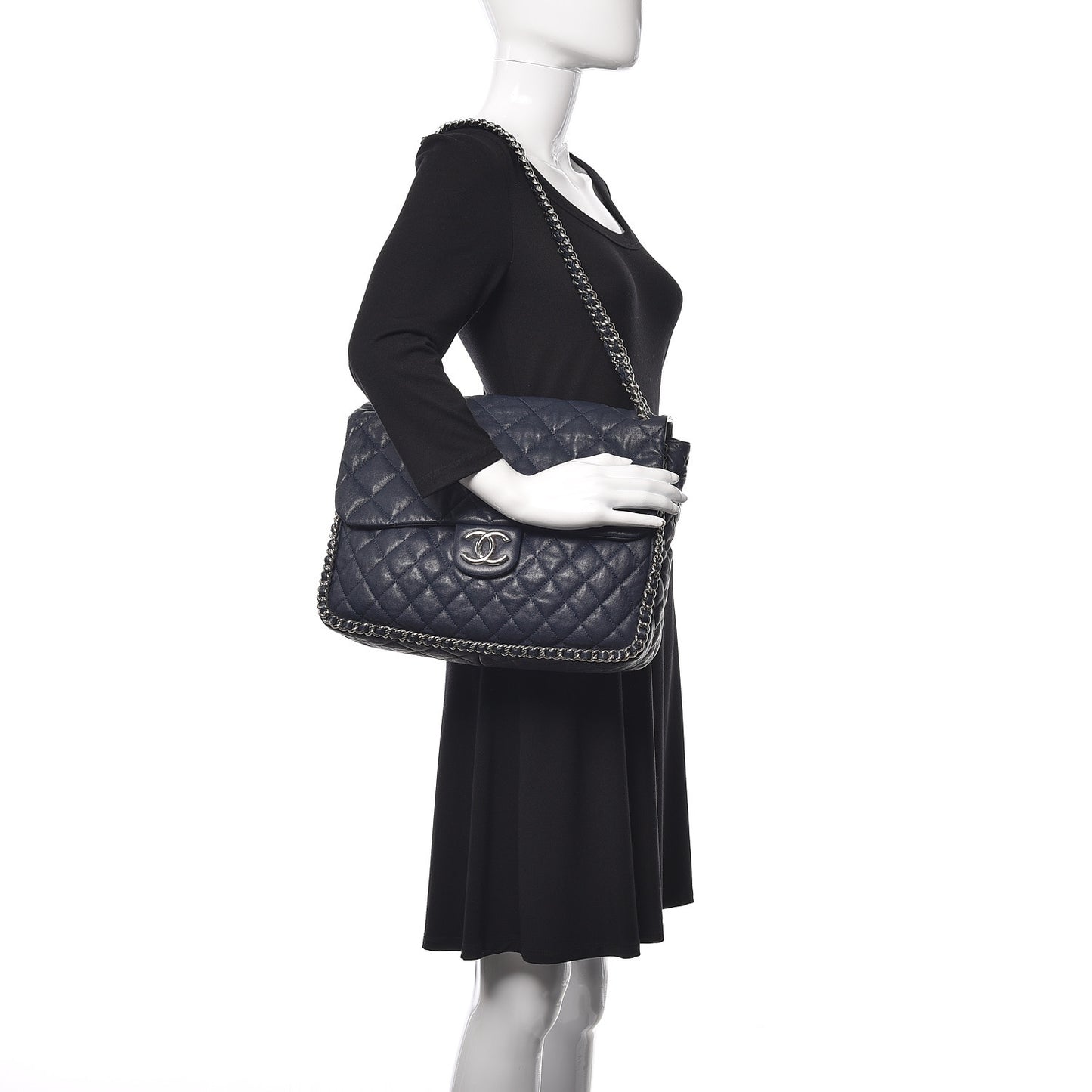 Washed Lambskin Quilted Chain Around Maxi Flap Dark Navy Blue