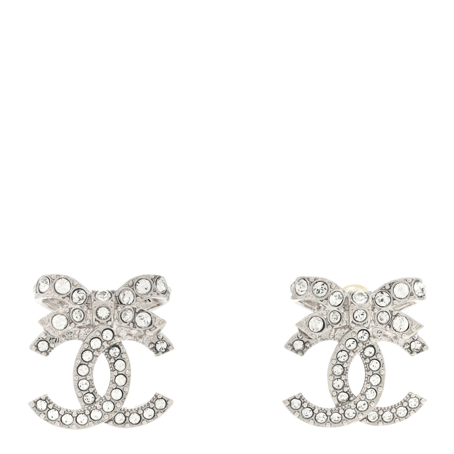 Crystal CC Bow Dangle Earrings Silver