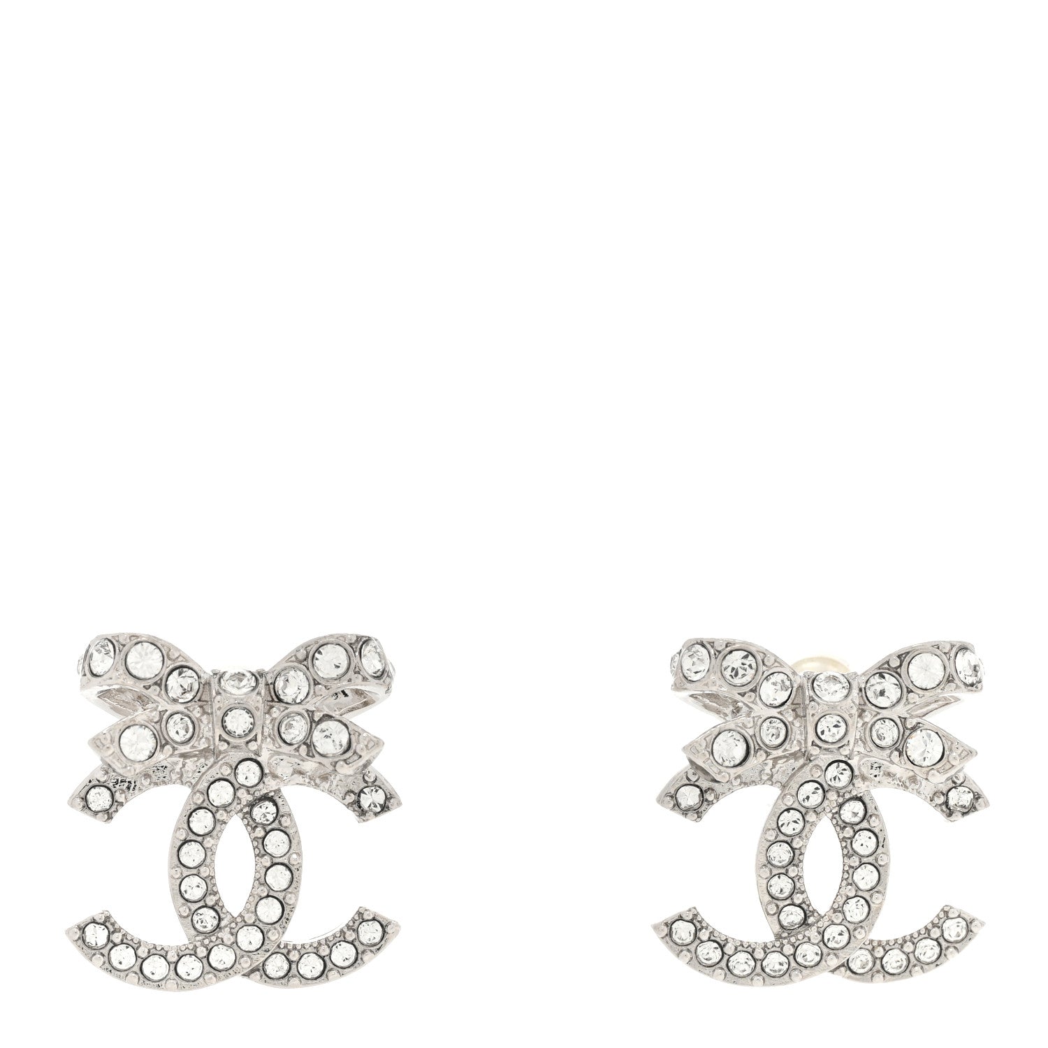 Chanel Crystal CC Bow Dangle Earrings Silver 1 of 4