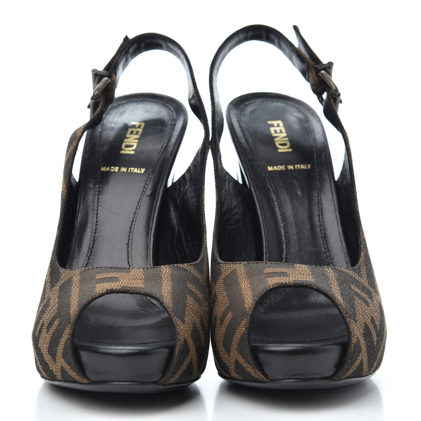 Jacquard Calfskin FF Open Toe Platform Slingback Pumps 38.5 Tobacco