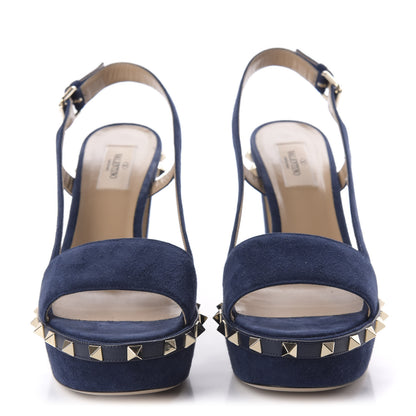 Valentino Garavani Suede Rockstud Slingback 75/105mm Platform Sandals 39 Marine 2 of 11