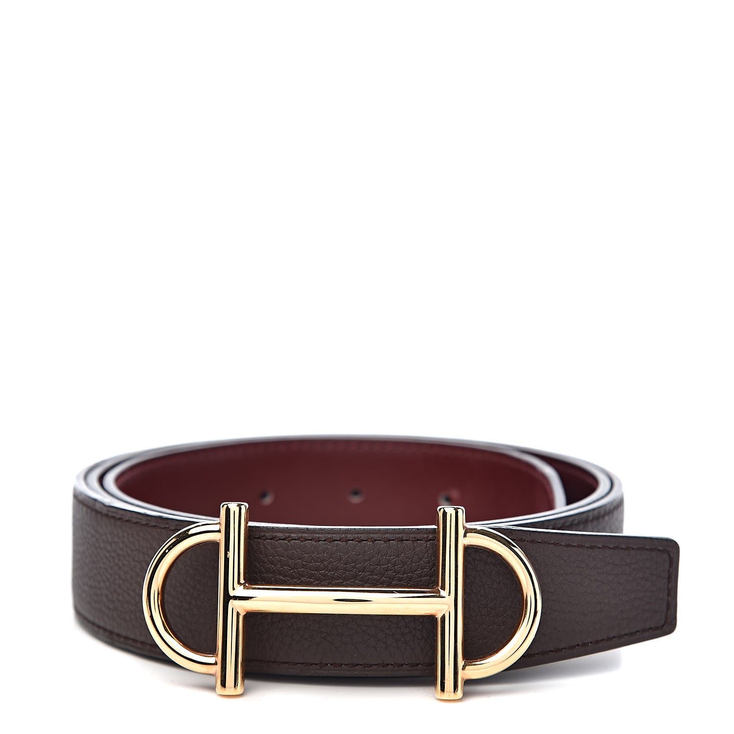 Hermes Taurillon Clemence Box 32mm Gamma Belt 95 Chocolate Rouge H 1 of 8
