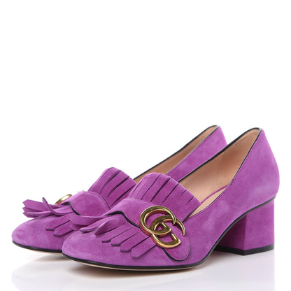 Gucci Kid Scamosciato GG Marmont Fringe 50mm Loafer Pumps 35 Purple 3 of 10