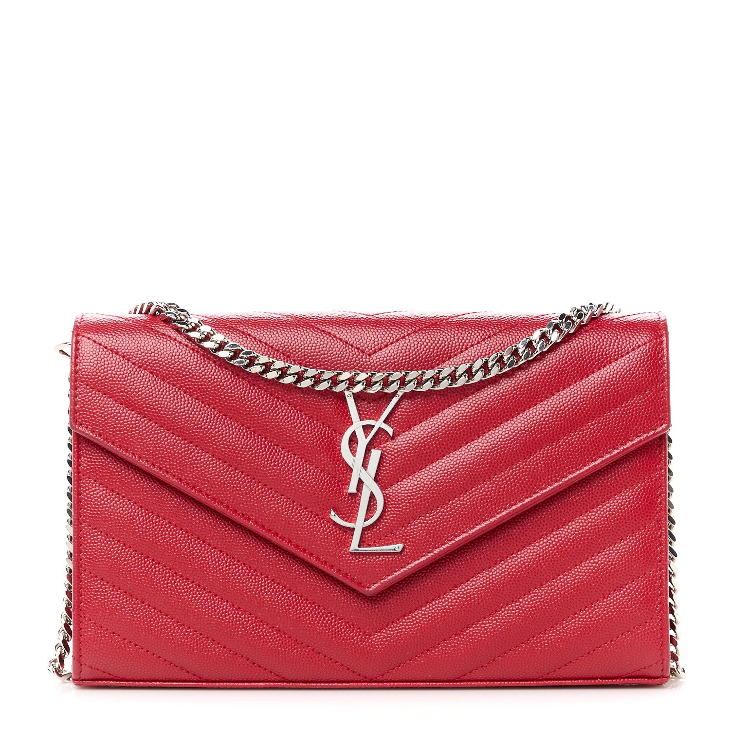 Saint Laurent Grain De Poudre Matelasse Chevron Monogram Chain Wallet Red 1 of 11