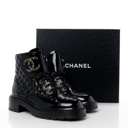 Chanel Shiny Lambskin Quilted Lace Up Combat Boots 39 Black 10 of 10