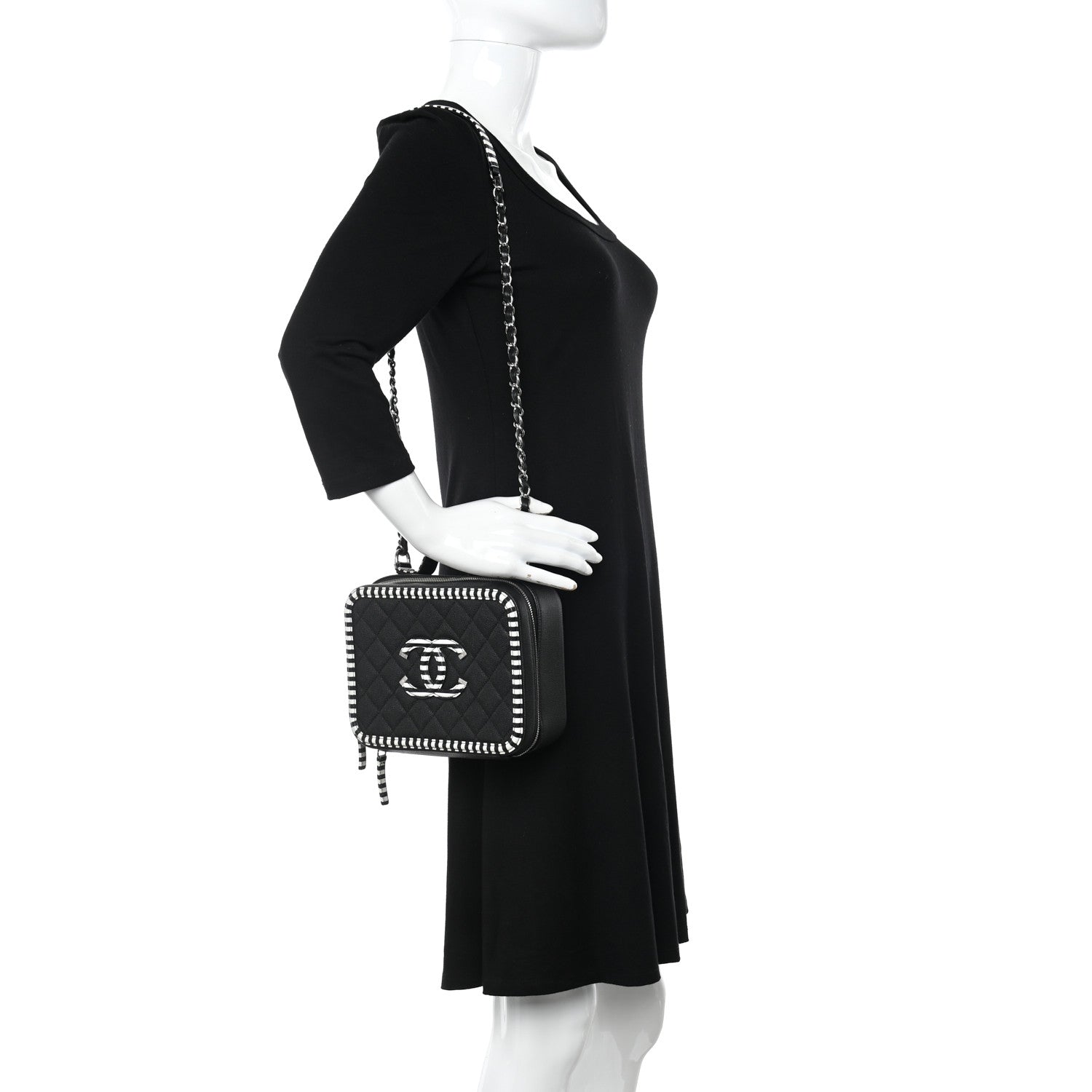 Chanel Caviar Quilted Striped Medium CC Filigree Vanity Case Black White 2 of 10