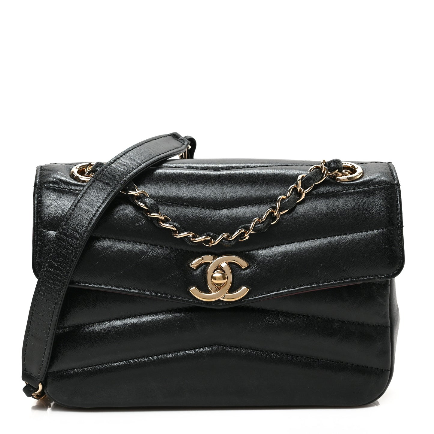 Shiny Lambskin Quilted Small Chevron Miroir Black