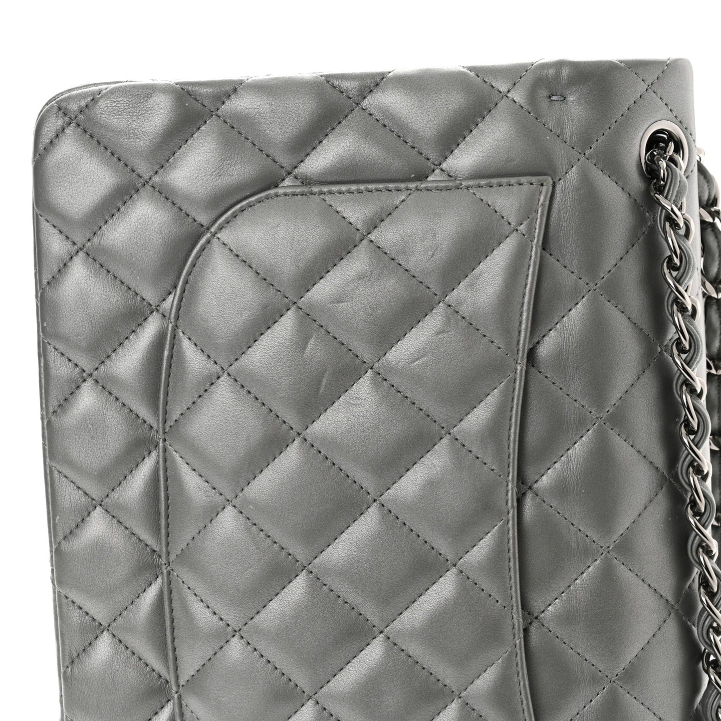 Metallic Calfskin Quilted Jumbo Double Flap Silver