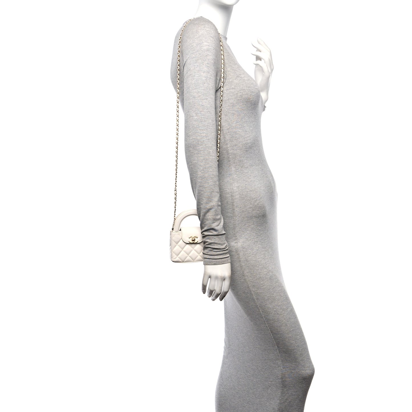 Shiny Aged Calfskin Quilted Mini Nano Kelly Shopper White
