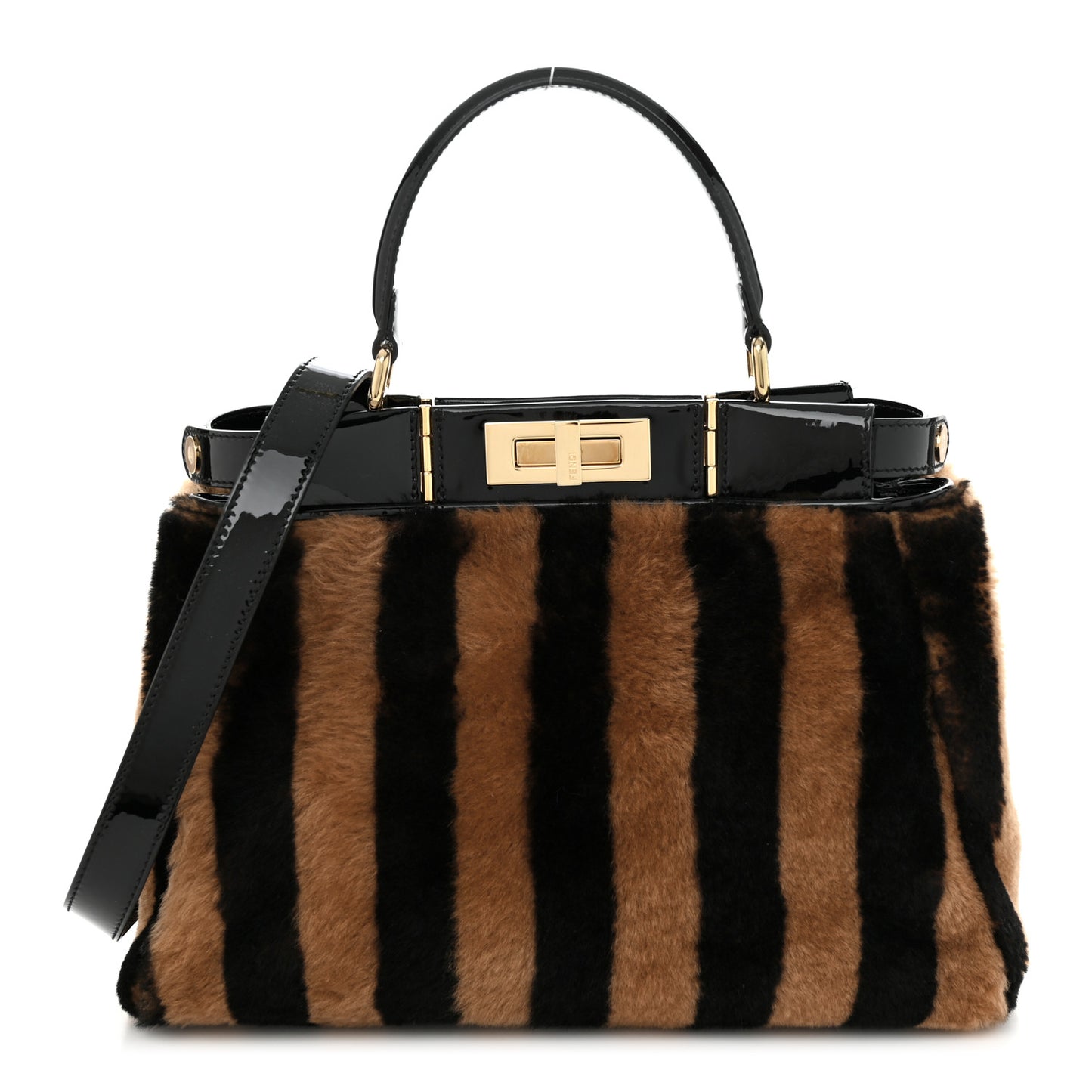 Shearling Vitello Vernice Mou Pequin Striped Medium Peekaboo Iconic Satchel Tobacco Black