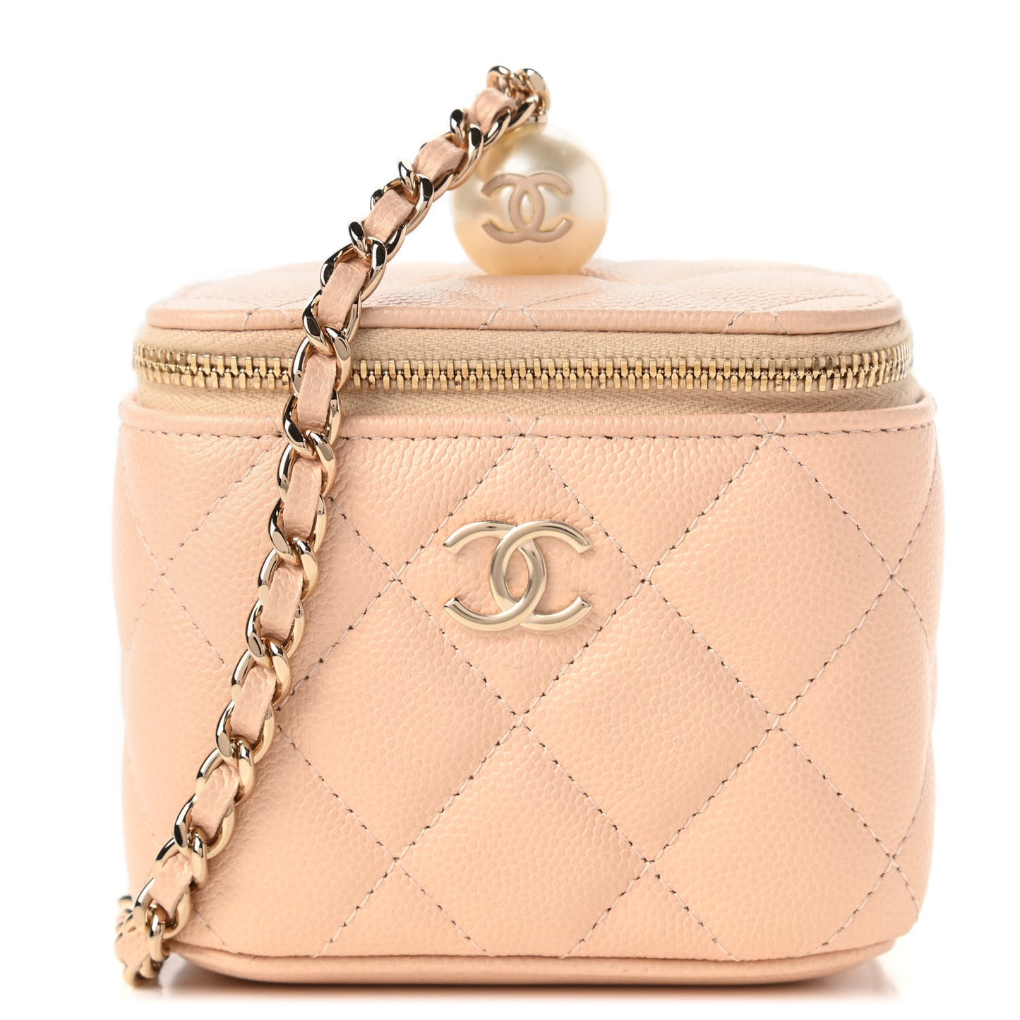 Iridescent Caviar Quilted Mini Pearl On Top Vanity Case With Chain Beige