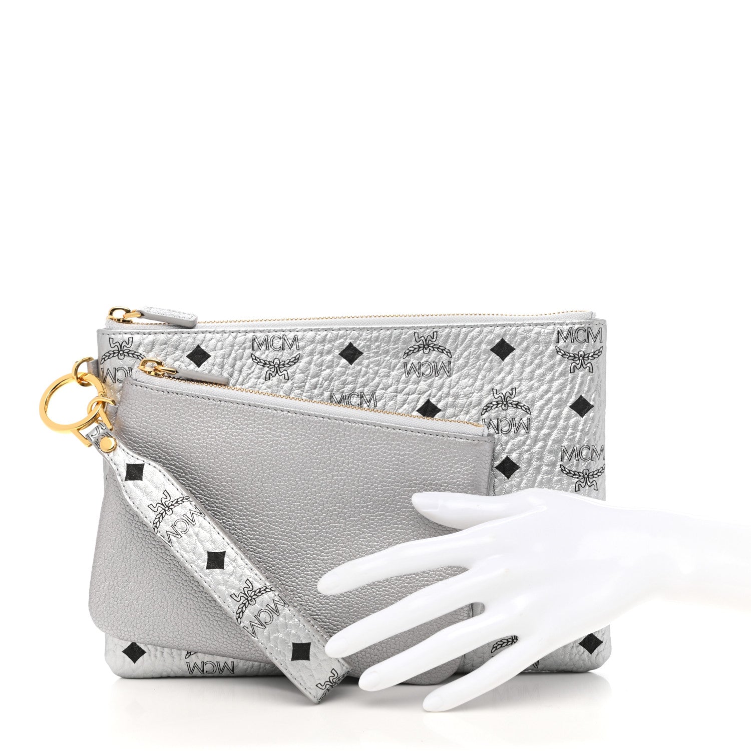 MCM Metallic Visetos Zip Pouch Set Silver 2 of 6