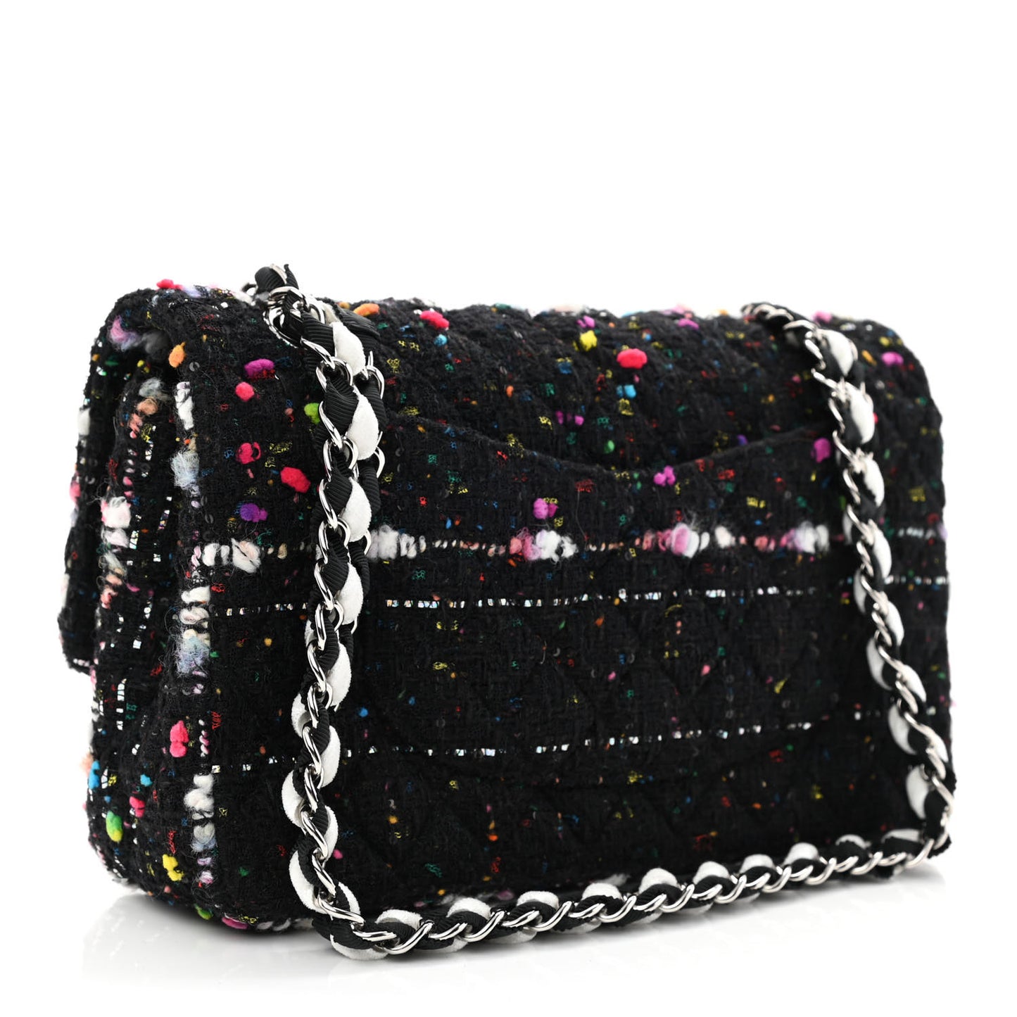 Tweed Quilted Medium Double Flap Black White Yellow Pink