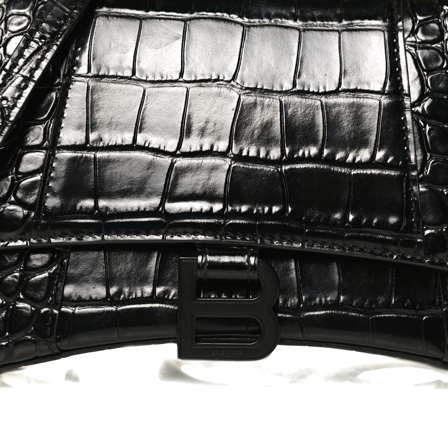 Shiny Calfskin Monochrome Crocodile Embossed Small Hourglass Top Handle Bag Black