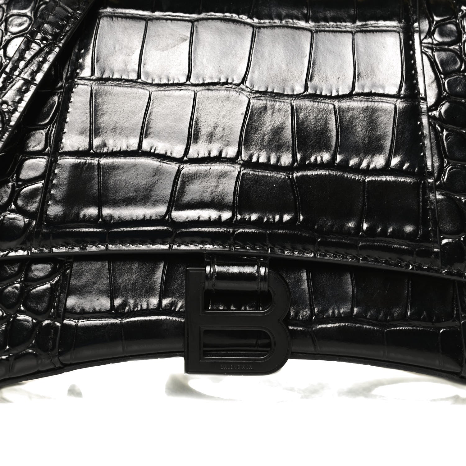 Balenciaga Shiny Calfskin Monochrome Crocodile Embossed Small Hourglass Top Handle Bag Black 9 of 11