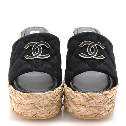 Chanel Canvas Raffia Wedge Sandals Black 37 Black 3 of 10