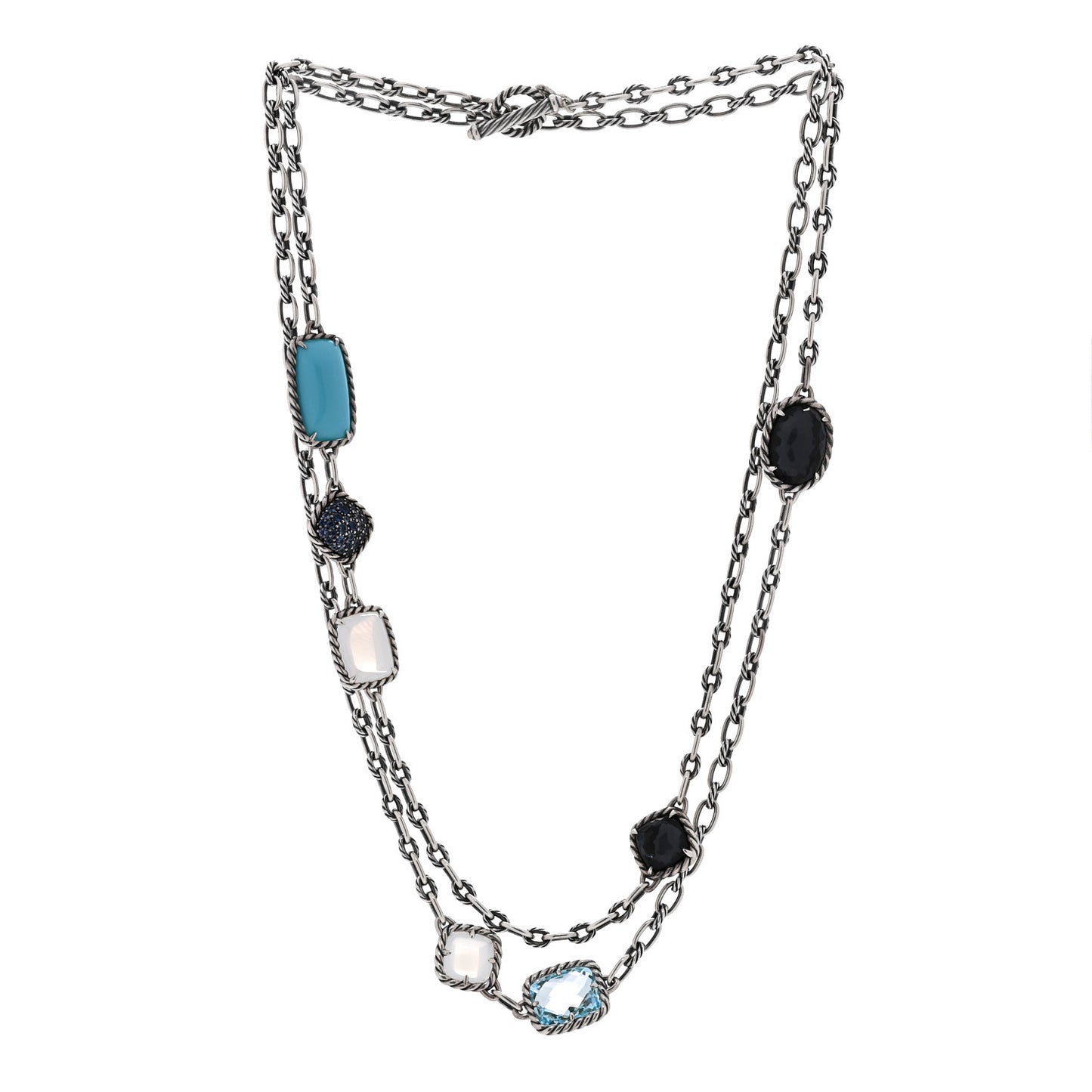 Sterling Silver Blue Sapphire Blue Topaz Doublet Milky Quartz Turquoise Chatelaine Long Necklace