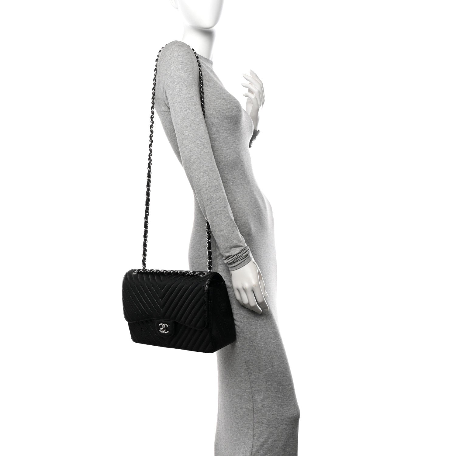 Chanel Caviar Chevron Quilted Jumbo Double Flap Black 2 of 15