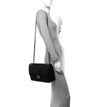 Chanel Caviar Chevron Quilted Jumbo Double Flap Black 2 of 15