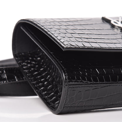 Saint Laurent Calfskin Crocodile Embossed Monogram Kate Belt Bag Black 9 of 10
