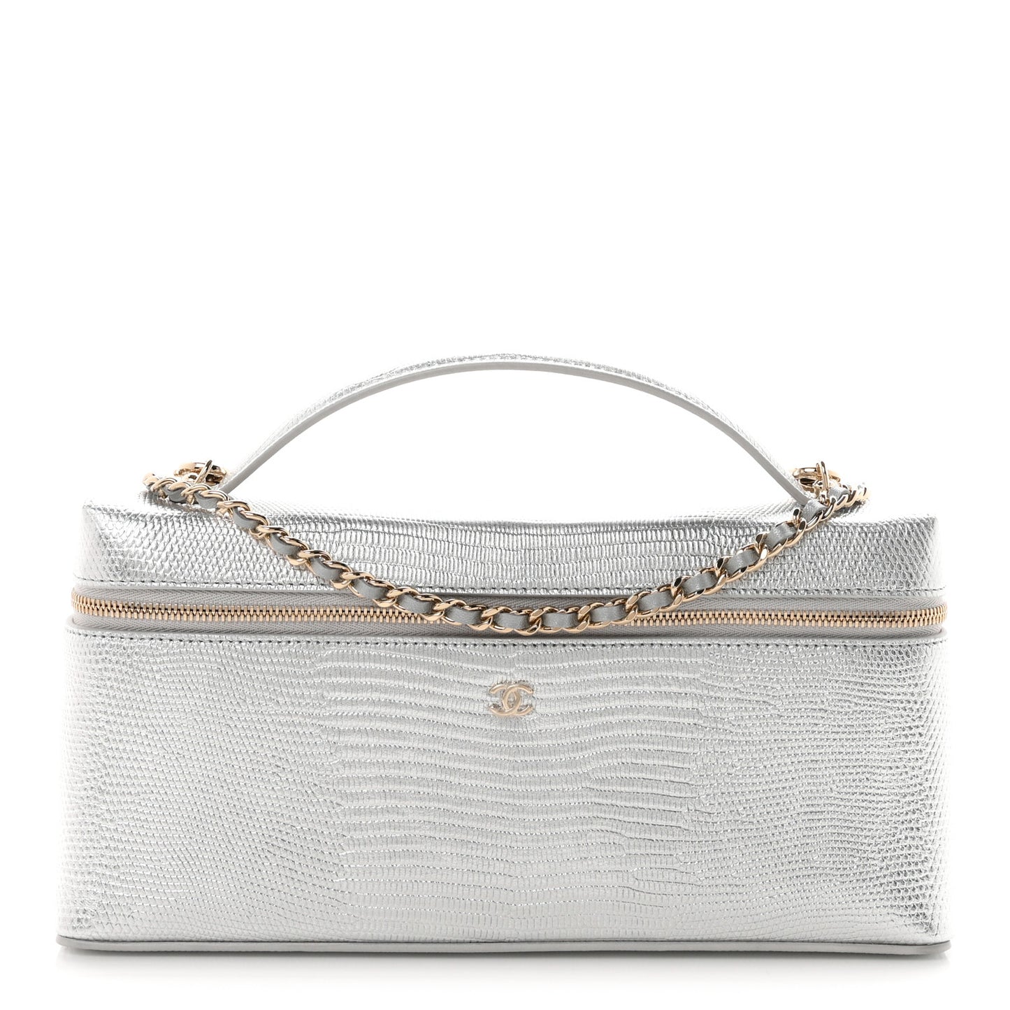 Lizard Embossed Top Handle Slim Vanity With Chain Silver