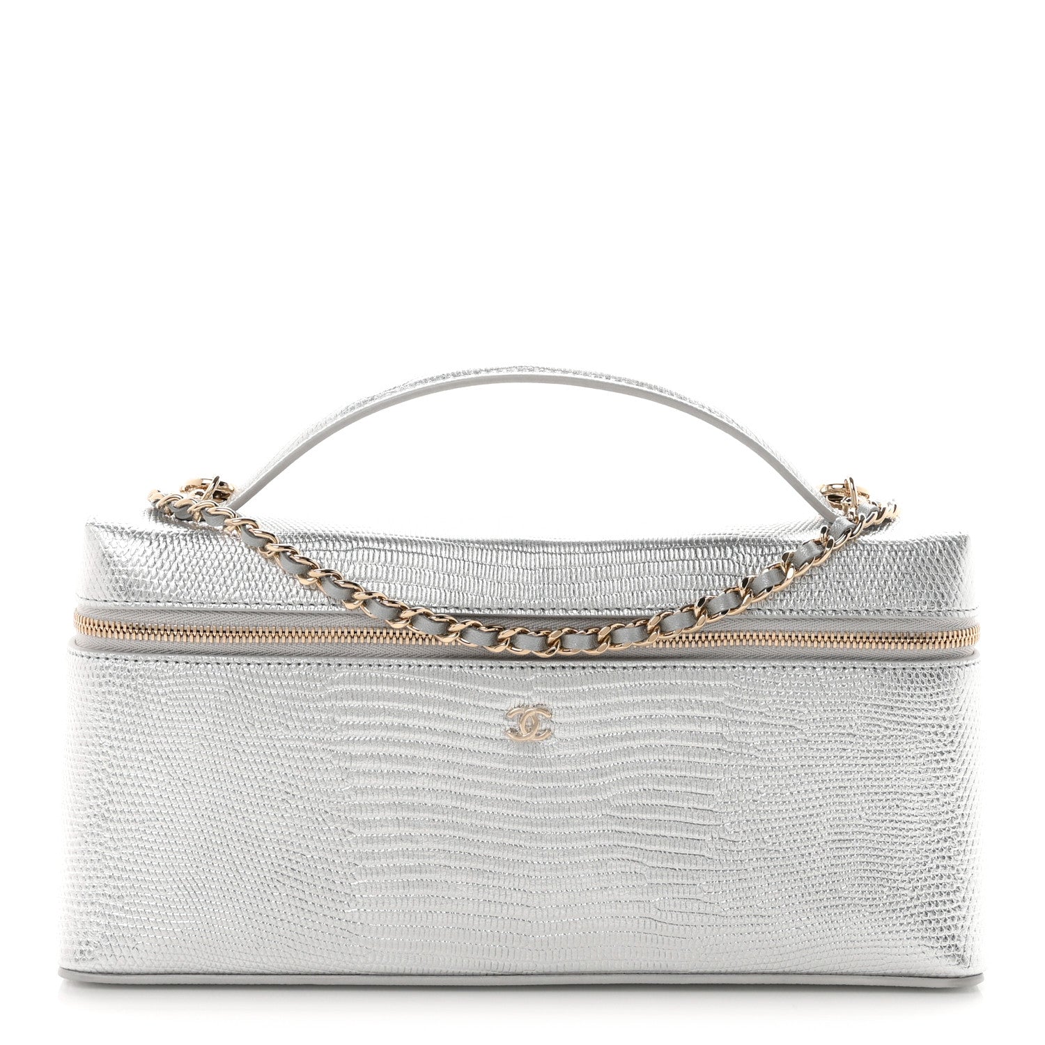 Chanel Lizard Embossed Top Handle Slim Vanity With Chain Silver 1 of 11