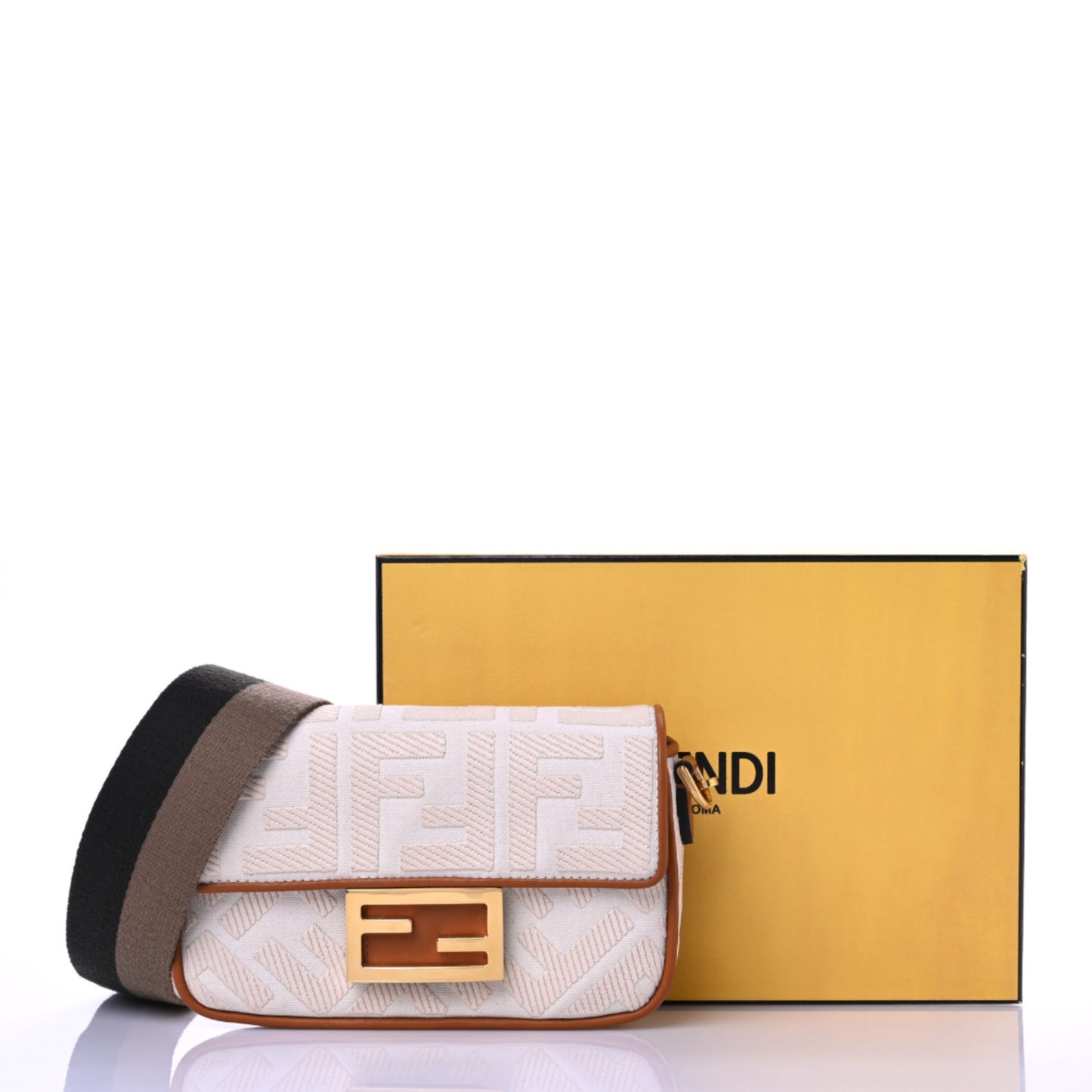 Canvas Vitello King Bi-Color Strap FF Embroidered Mini Baguette Grezzo Brandy Cuoio