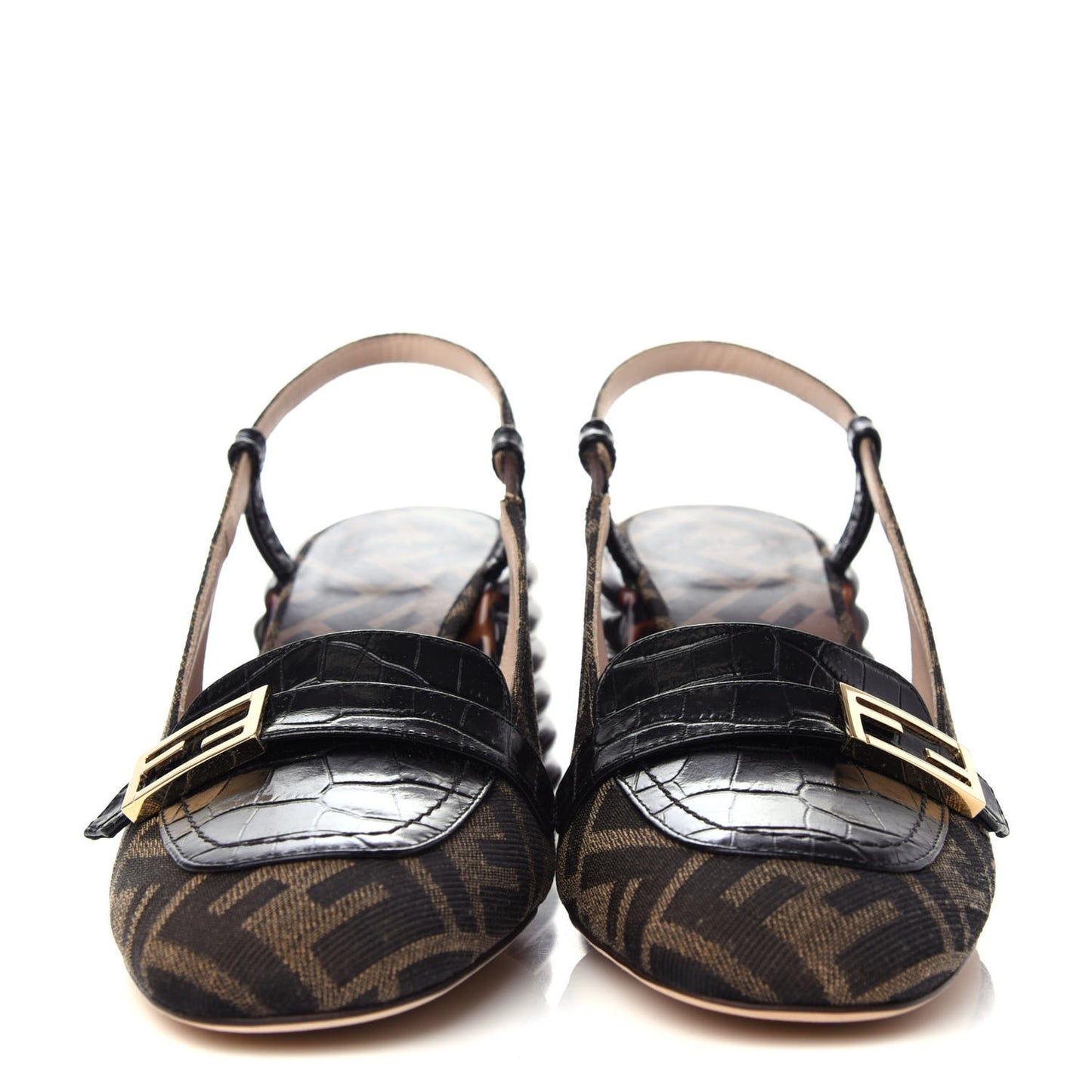 Jacquard Calfskin FF Tortoise Promenade Slingback Loafer Pumps 37 Tobacco