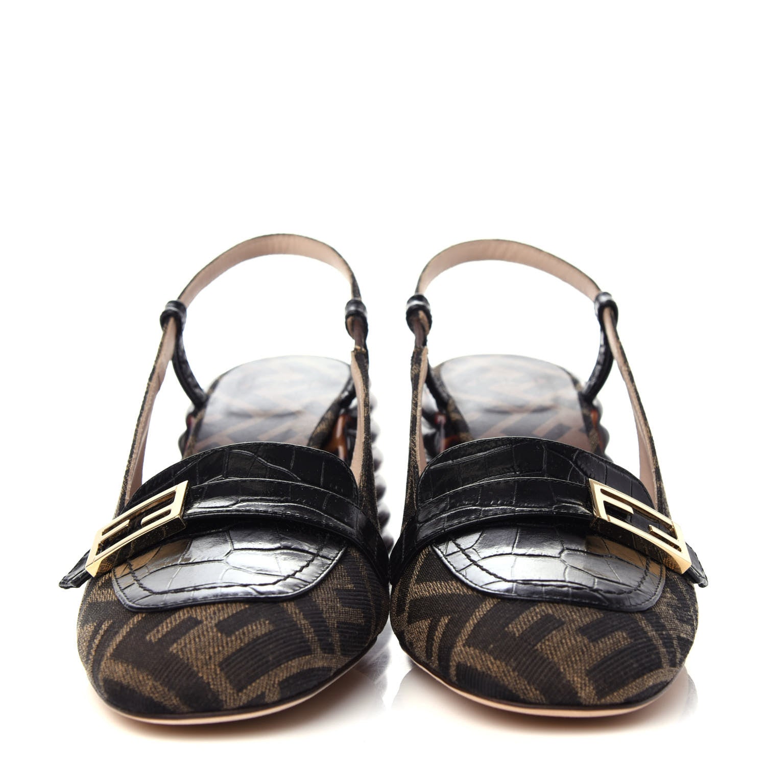 Fendi Jacquard Calfskin FF Tortoise Promenade Slingback Loafer Pumps 37 Tobacco 2 of 10
