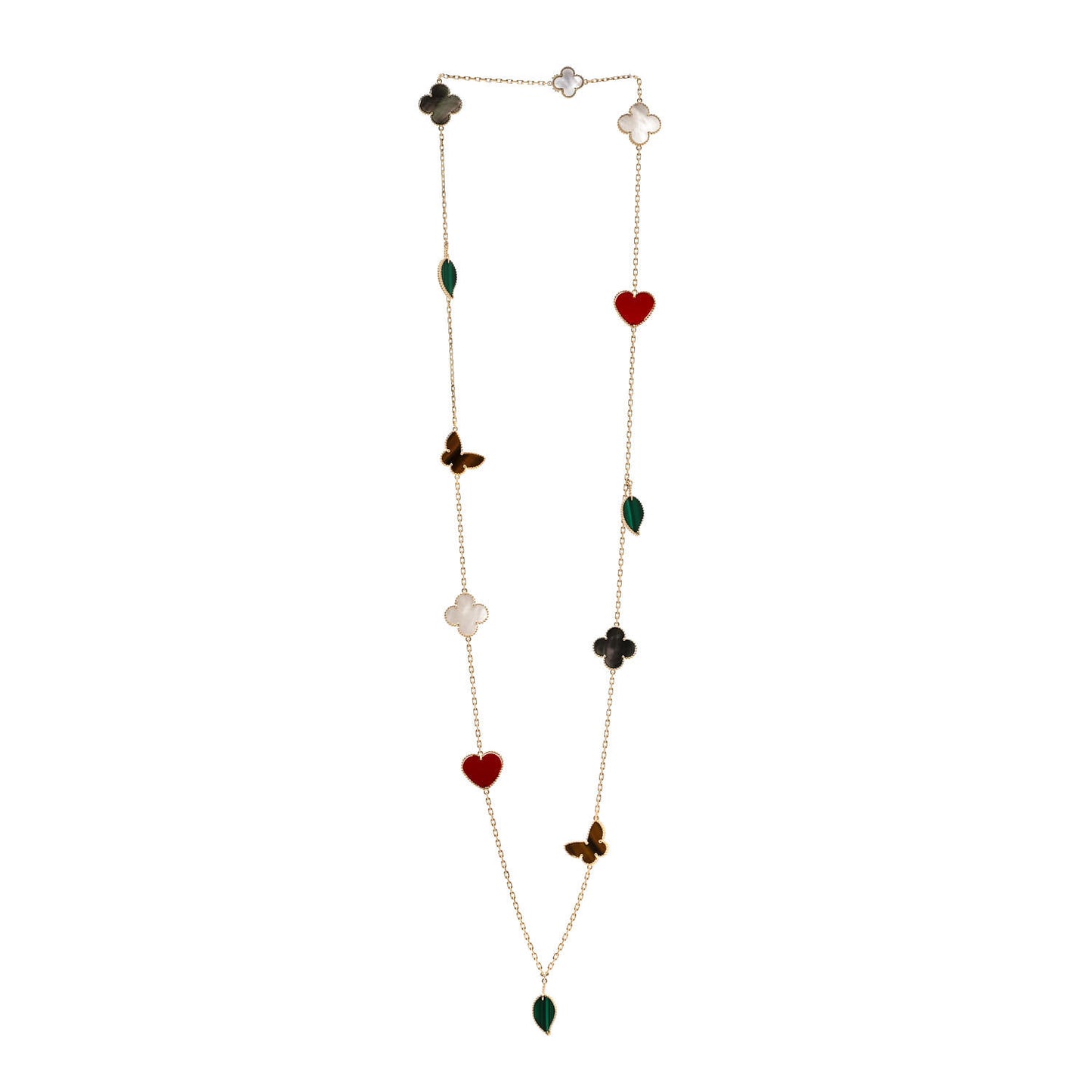VAN CLEEF & ARPELS 18K Yellow Gold Mother of Pearl Malachite Carnelian Tiger Eye 12 Motif Lucky Alhambra Necklace