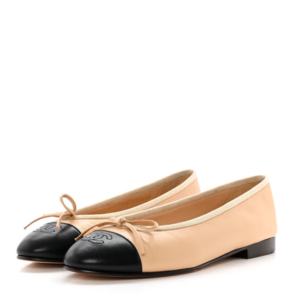 Chanel Lambskin Cap Toe Ballerina Flats 38 Beige Black 3 of 11