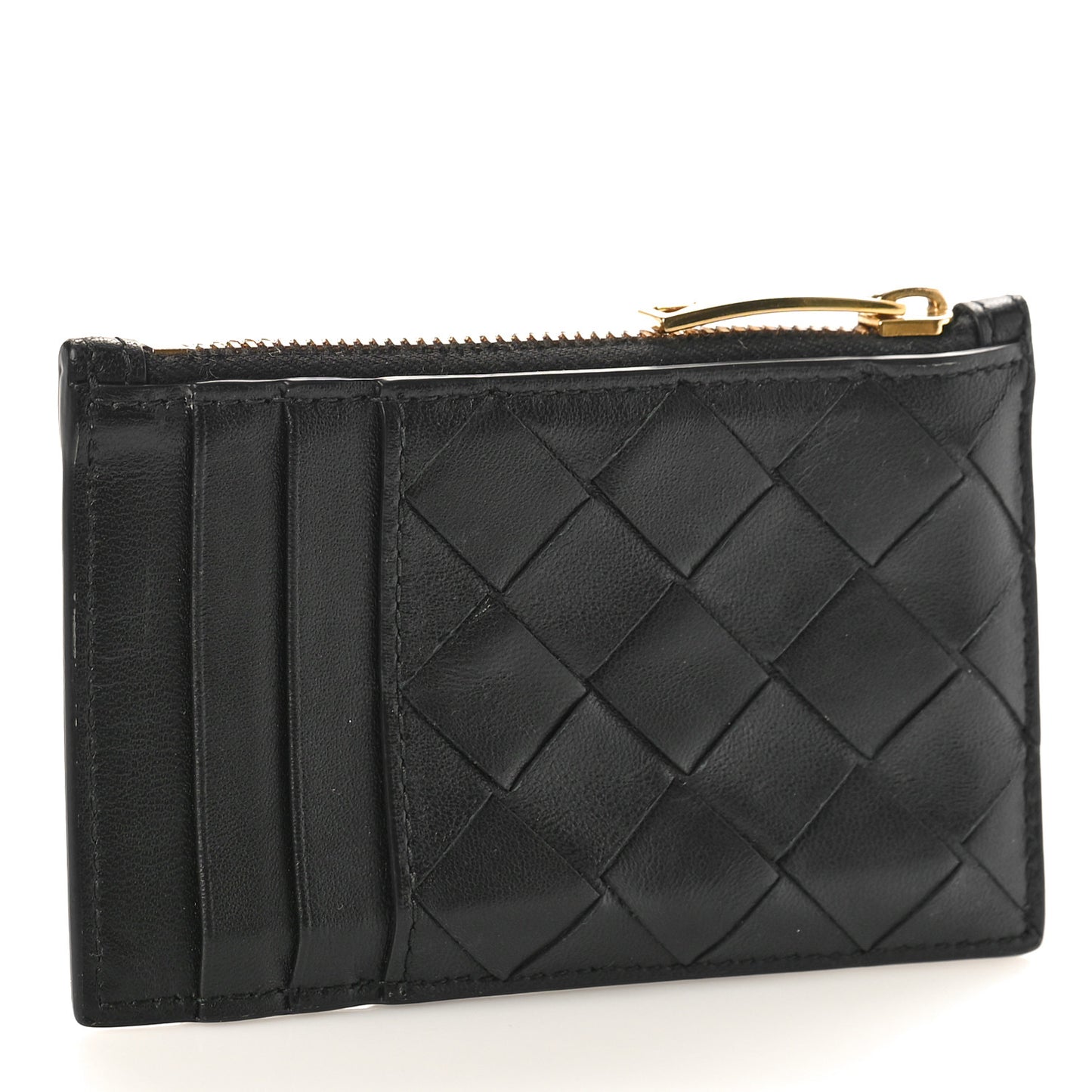 Calfskin Intrecciato Zip Card Holder Black