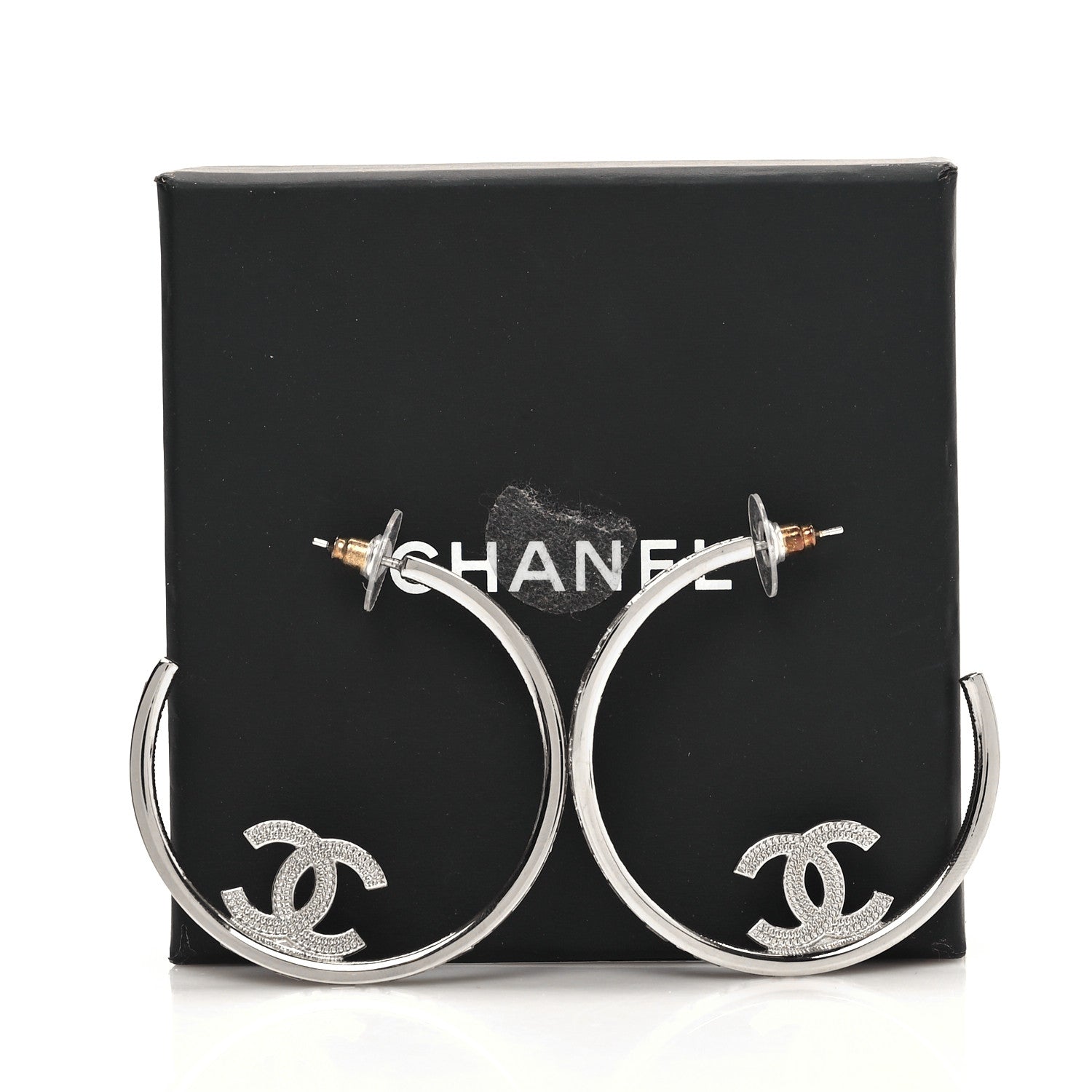 Chanel Metal Crystal Baguette CC Large Hoop Earrings Silver 5 of 5