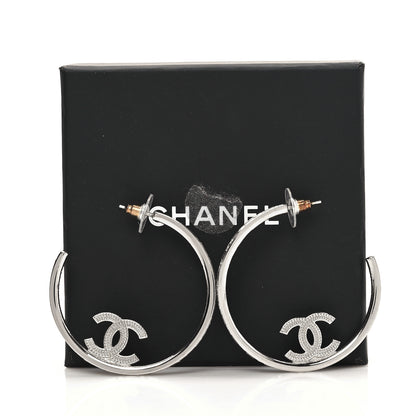 Chanel Metal Crystal Baguette CC Large Hoop Earrings Silver 5 of 5