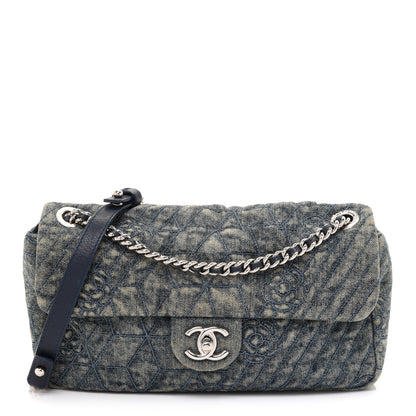 Chanel Denim Quilted Camellia Embroidered Medium Flap Blue 1 of 14