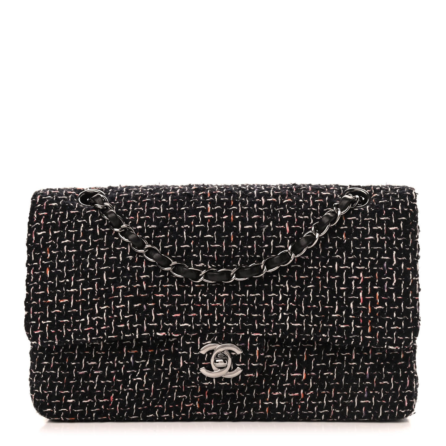 Tweed Quilted Medium Double Flap Black