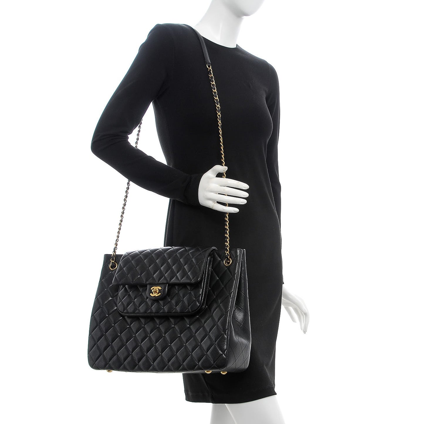 Caviar Quilted Flap Tote Black