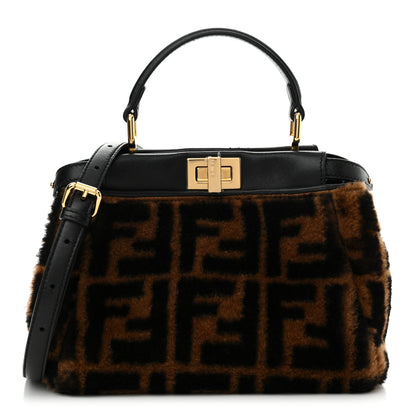 Fendi Shearling Nappa Macro FF 1974 Mini Peekaboo Iconic Satchel Tobacco Black 1 of 12