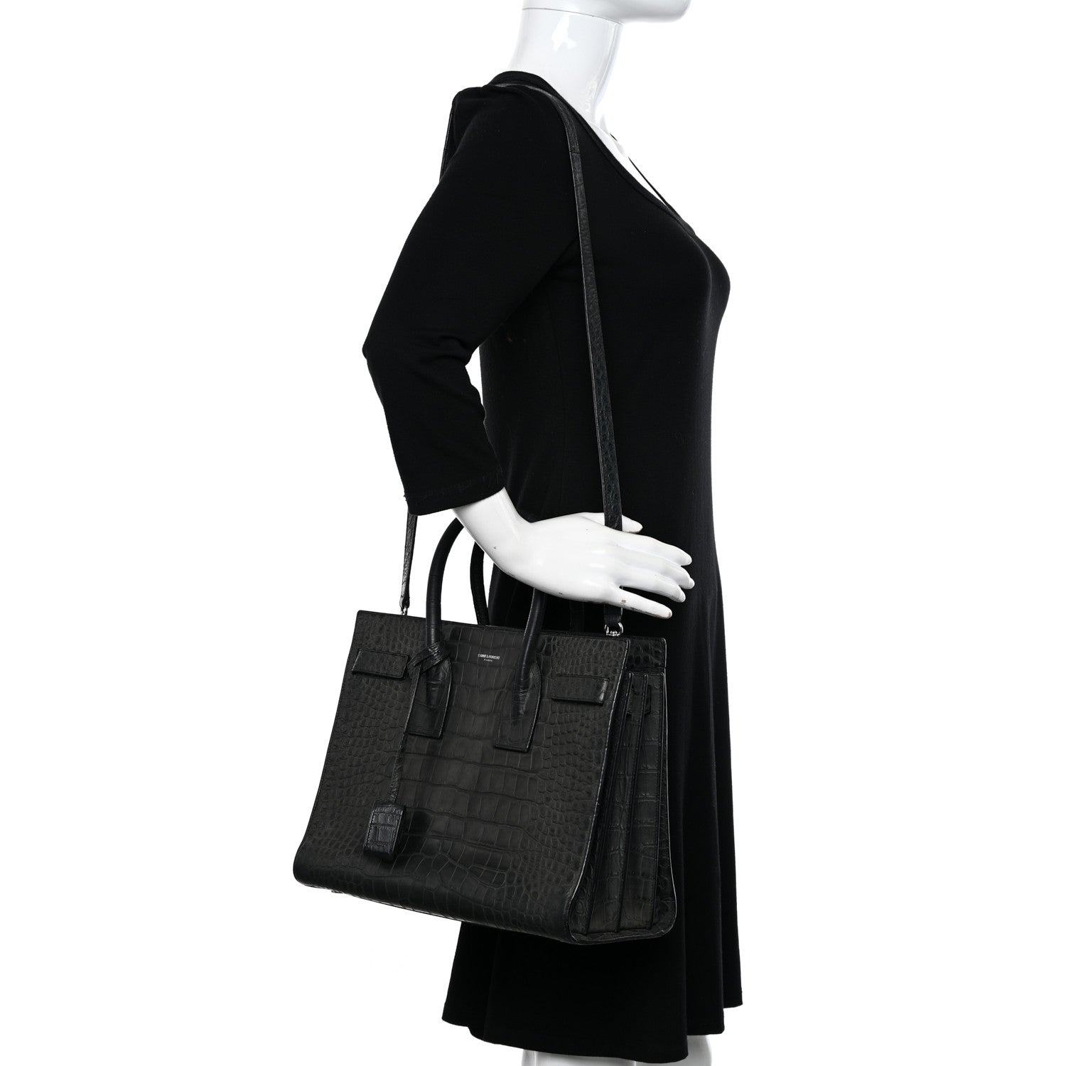 Saint Laurent Calfskin Crocodile Embossed Small Sac de Jour Dusty Black 2 of 9